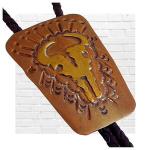 Vintage Western Leather Bolo Tie Bull Skull Design Handmade Ranch Style Cowboy